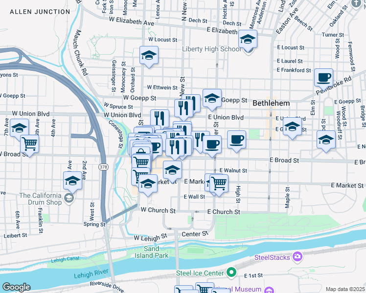 map of restaurants, bars, coffee shops, grocery stores, and more near 634 North New Street in Bethlehem