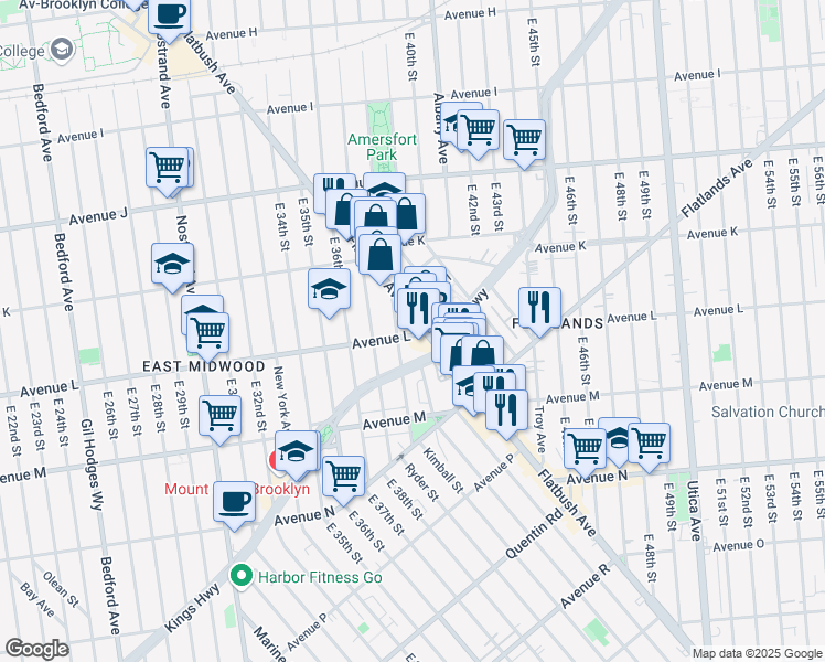 map of restaurants, bars, coffee shops, grocery stores, and more near 3815 Avenue L in Brooklyn