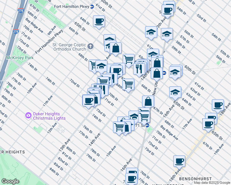 map of restaurants, bars, coffee shops, grocery stores, and more near 1353 Bay Ridge Avenue in Brooklyn