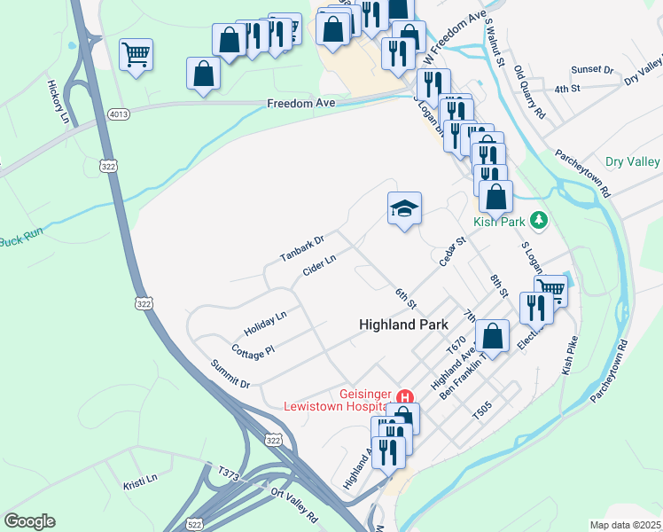 map of restaurants, bars, coffee shops, grocery stores, and more near 215 Cider Lane in Lewistown