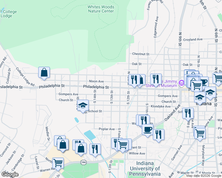 map of restaurants, bars, coffee shops, grocery stores, and more near 1272 Philadelphia Street in Indiana