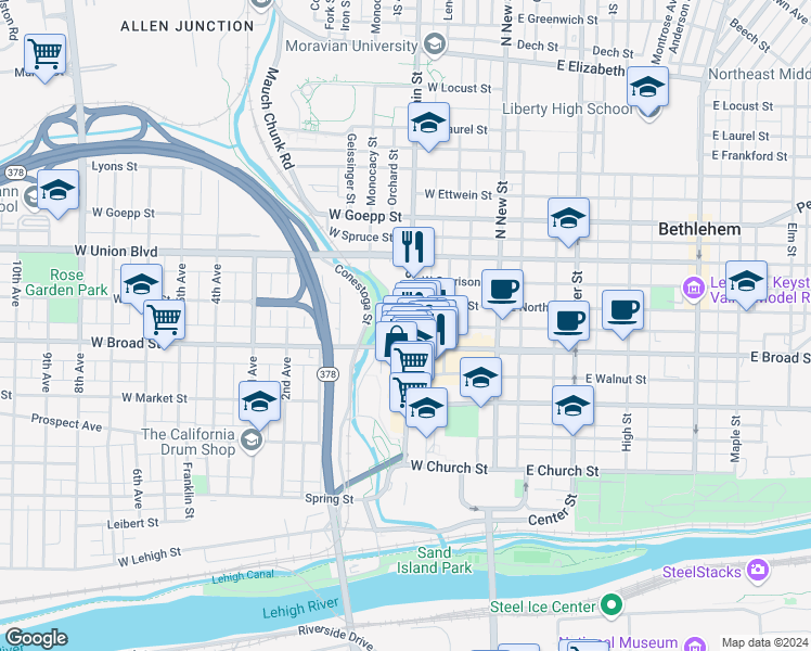 map of restaurants, bars, coffee shops, grocery stores, and more near 621 Main Street in Bethlehem