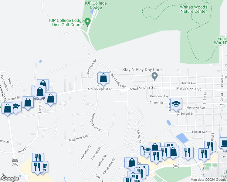 map of restaurants, bars, coffee shops, grocery stores, and more near 1760 Philadelphia Street in Indiana