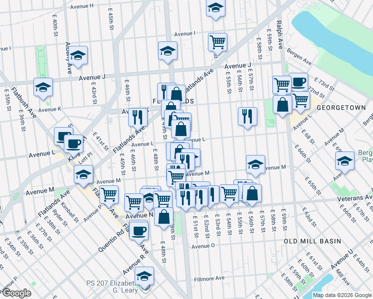 map of restaurants, bars, coffee shops, grocery stores, and more near 1533 East 51st Street in Brooklyn