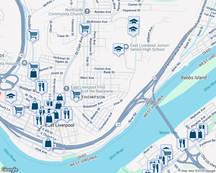 map of restaurants, bars, coffee shops, grocery stores, and more near 736 Laura Avenue in East Liverpool