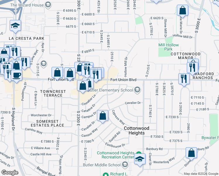 map of restaurants, bars, coffee shops, grocery stores, and more near 7053 Promenade Drive in Cottonwood Heights