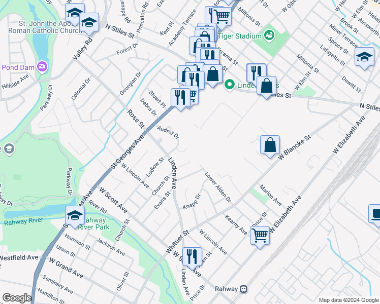 map of restaurants, bars, coffee shops, grocery stores, and more near 619 Cora Place in Rahway