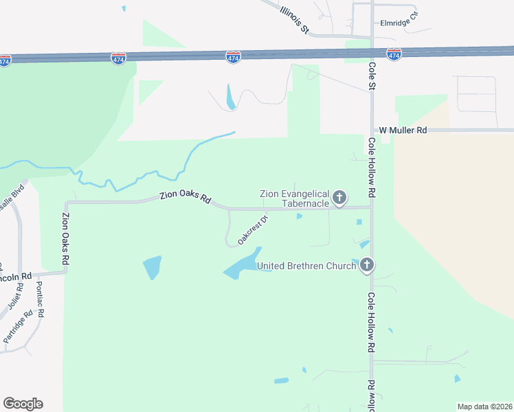 map of restaurants, bars, coffee shops, grocery stores, and more near 3073 Zion Oaks Road in Pekin