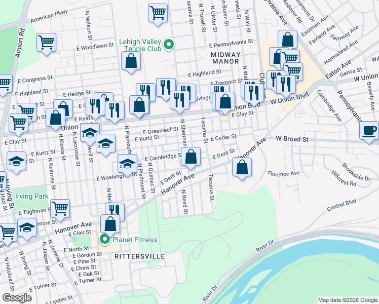 map of restaurants, bars, coffee shops, grocery stores, and more near 827 North Sherman Street in Allentown
