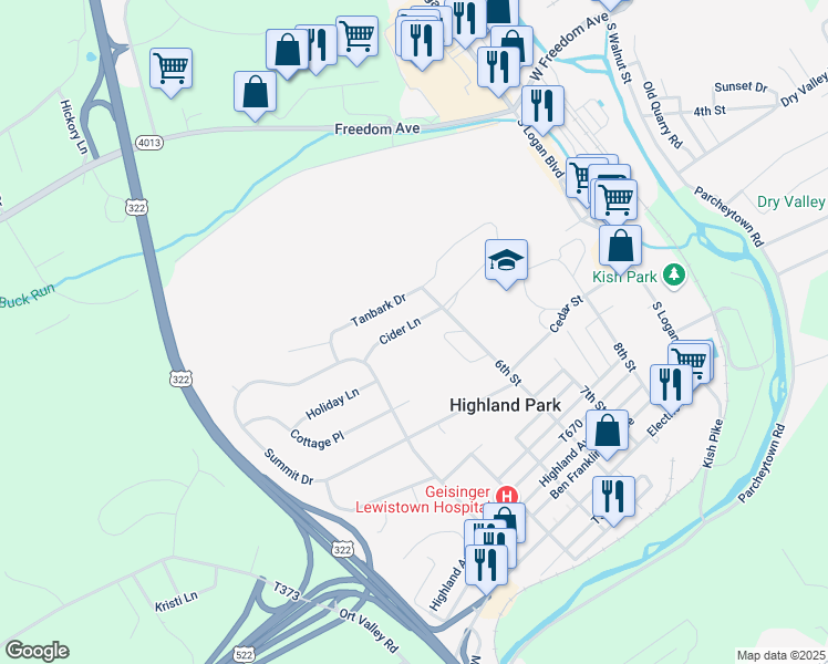 map of restaurants, bars, coffee shops, grocery stores, and more near 215 Cider Lane in Lewistown