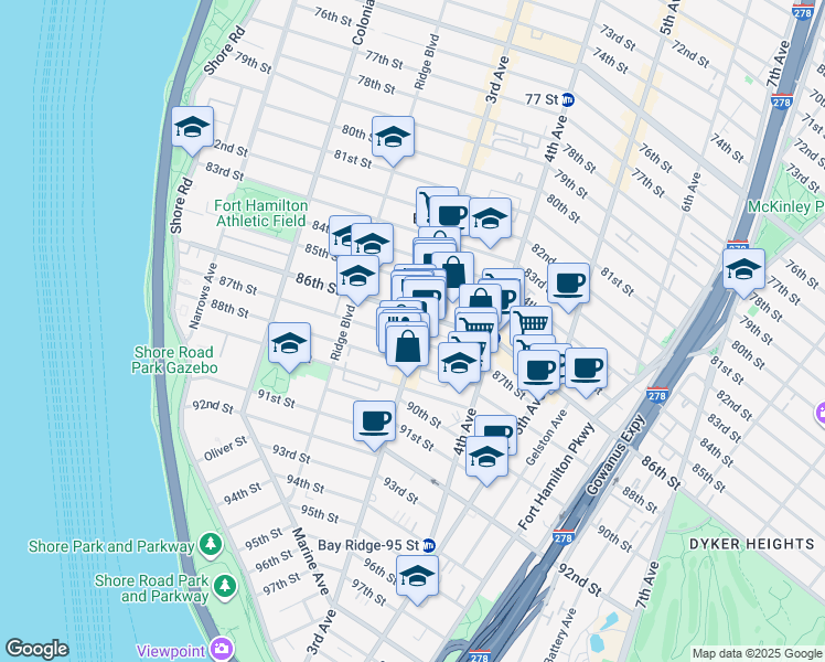 map of restaurants, bars, coffee shops, grocery stores, and more near 8613 3rd Avenue in Brooklyn