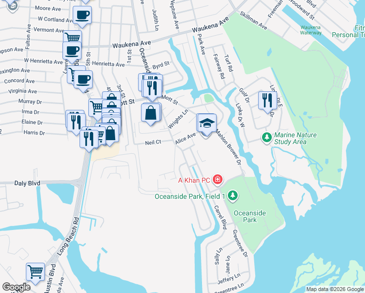 map of restaurants, bars, coffee shops, grocery stores, and more near 3627 Oceanside Road East in Oceanside