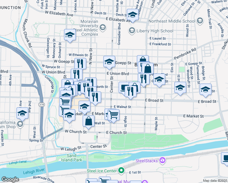 map of restaurants, bars, coffee shops, grocery stores, and more near 626 Center Street in Bethlehem