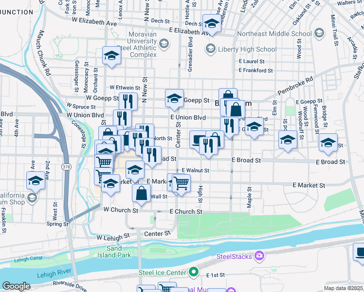 map of restaurants, bars, coffee shops, grocery stores, and more near 626 Center Street in Bethlehem