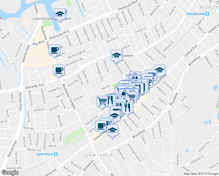 map of restaurants, bars, coffee shops, grocery stores, and more near 441 Oak Avenue in Cedarhurst