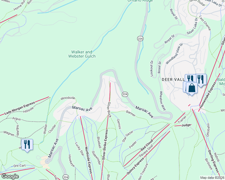 map of restaurants, bars, coffee shops, grocery stores, and more near 7697 Village Way in Park City