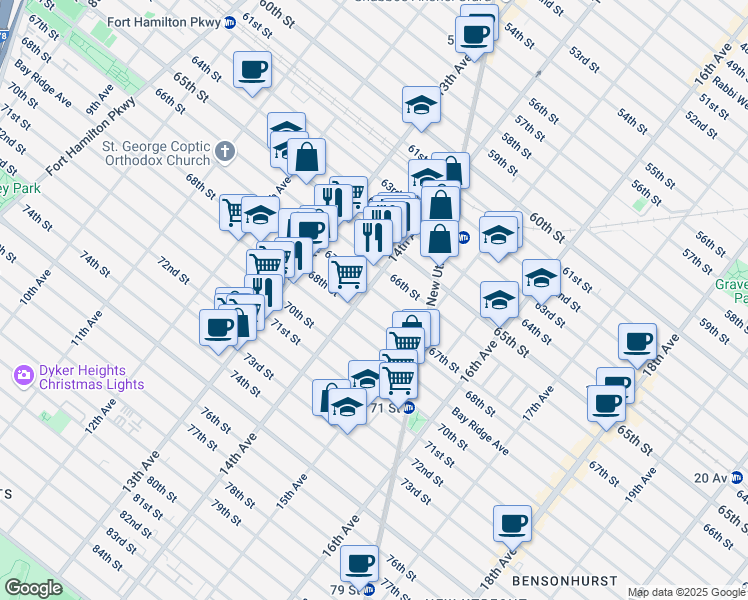 map of restaurants, bars, coffee shops, grocery stores, and more near 1414 67th Street in Brooklyn