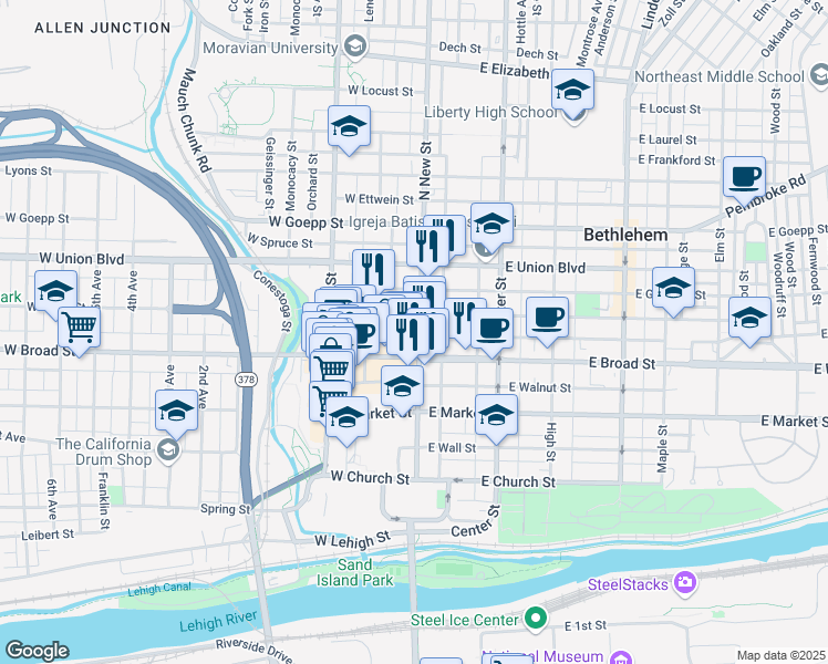 map of restaurants, bars, coffee shops, grocery stores, and more near 629 North New Street in Bethlehem