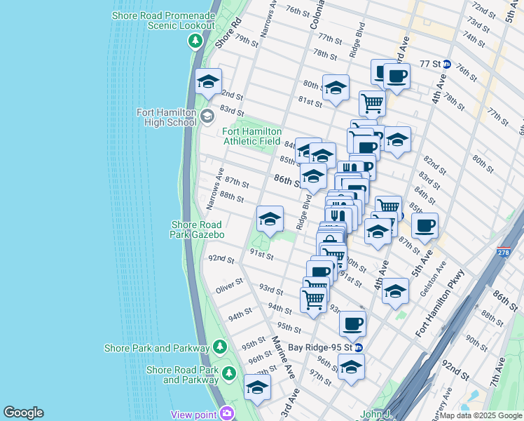 map of restaurants, bars, coffee shops, grocery stores, and more near 8803 Colonial Road in Brooklyn