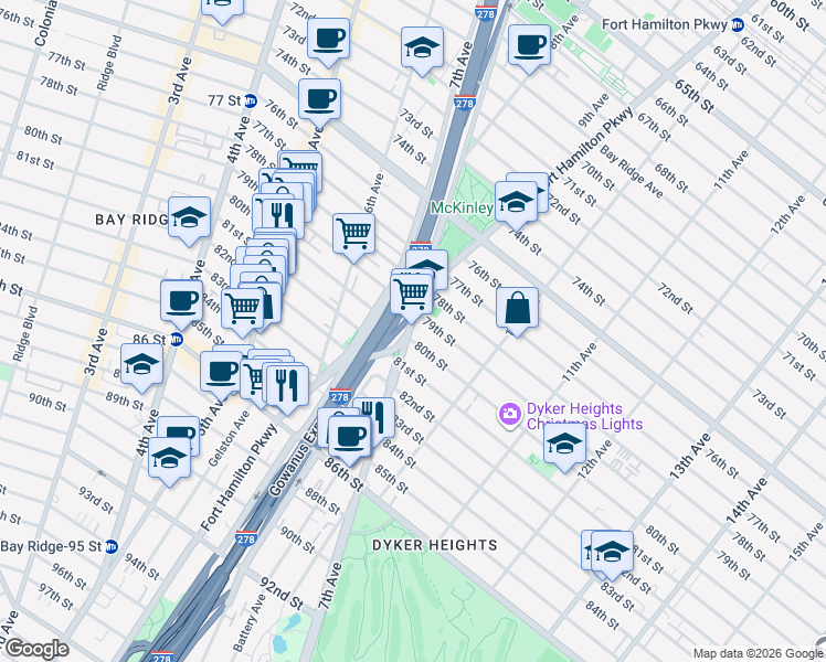 map of restaurants, bars, coffee shops, grocery stores, and more near 7919 7th Avenue in Brooklyn