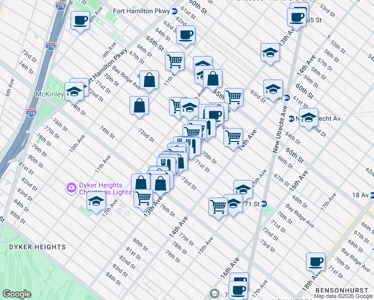 map of restaurants, bars, coffee shops, grocery stores, and more near 1265 71st Street in Brooklyn