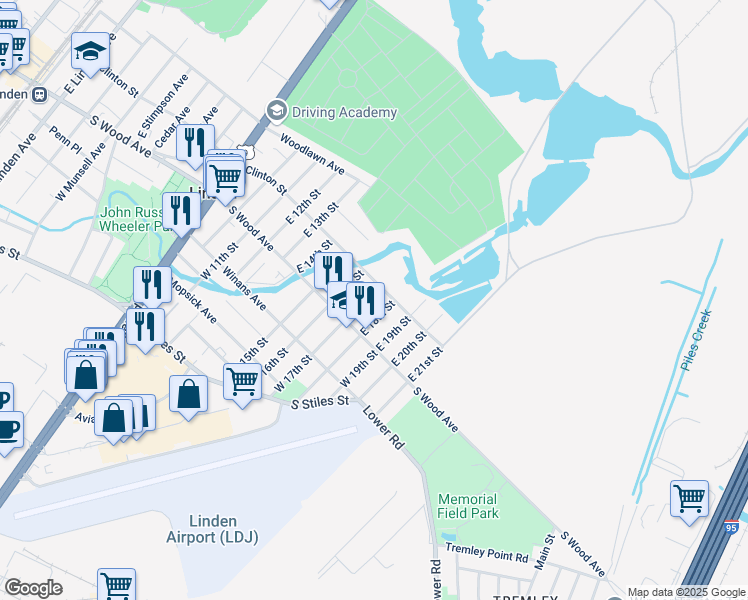 map of restaurants, bars, coffee shops, grocery stores, and more near 40 E 17th St in Linden