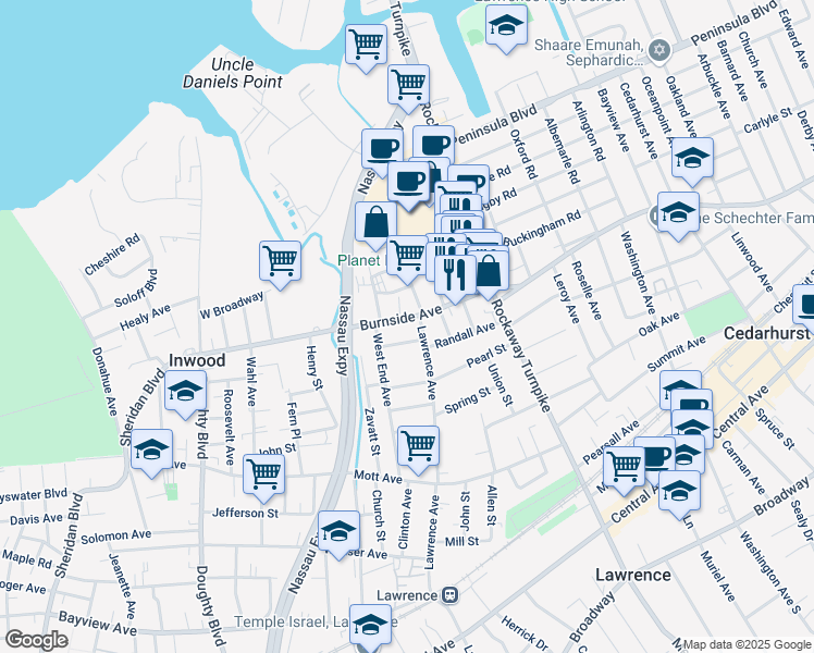 map of restaurants, bars, coffee shops, grocery stores, and more near 706 Burnside Avenue in Inwood