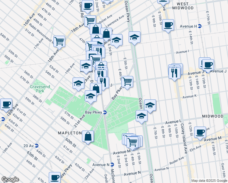 map of restaurants, bars, coffee shops, grocery stores, and more near 1144 East 3rd Street in Brooklyn
