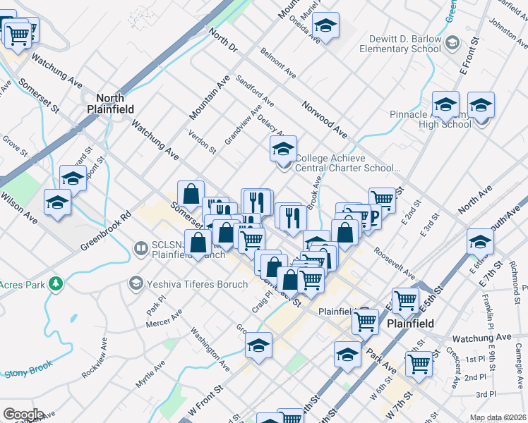 map of restaurants, bars, coffee shops, grocery stores, and more near 61 Manning Avenue in North Plainfield