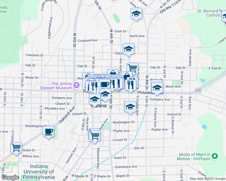 map of restaurants, bars, coffee shops, grocery stores, and more near 577 Philadelphia Street in Indiana
