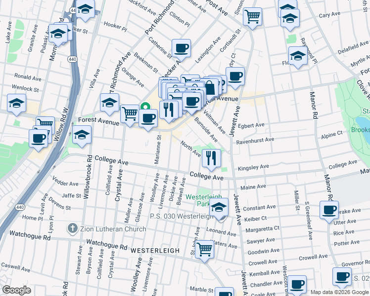 map of restaurants, bars, coffee shops, grocery stores, and more near 4 Bidwell Avenue in Staten Island