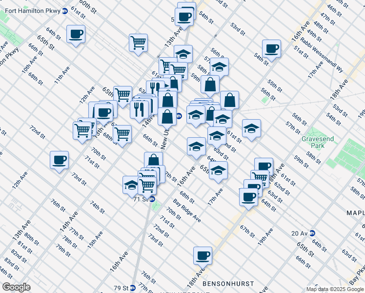 map of restaurants, bars, coffee shops, grocery stores, and more near 1527 65th Street in Brooklyn