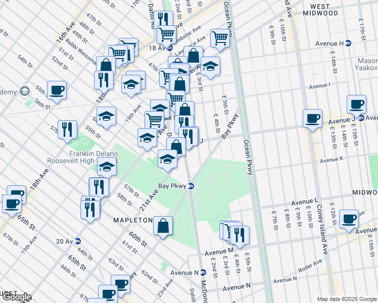 map of restaurants, bars, coffee shops, grocery stores, and more near 1235 McDonald Avenue in Brooklyn