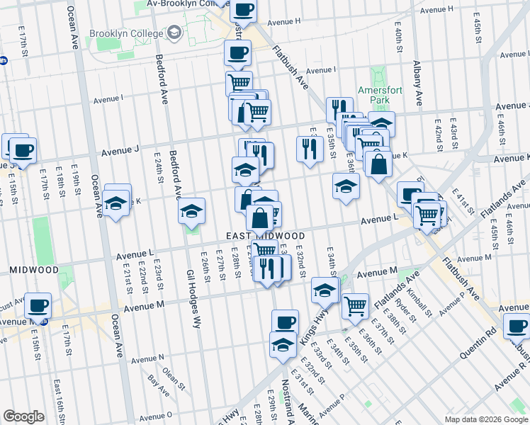 map of restaurants, bars, coffee shops, grocery stores, and more near 2525 Nostrand Avenue in Brooklyn