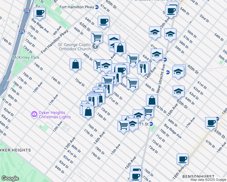 map of restaurants, bars, coffee shops, grocery stores, and more near 7011 13th Avenue in Brooklyn
