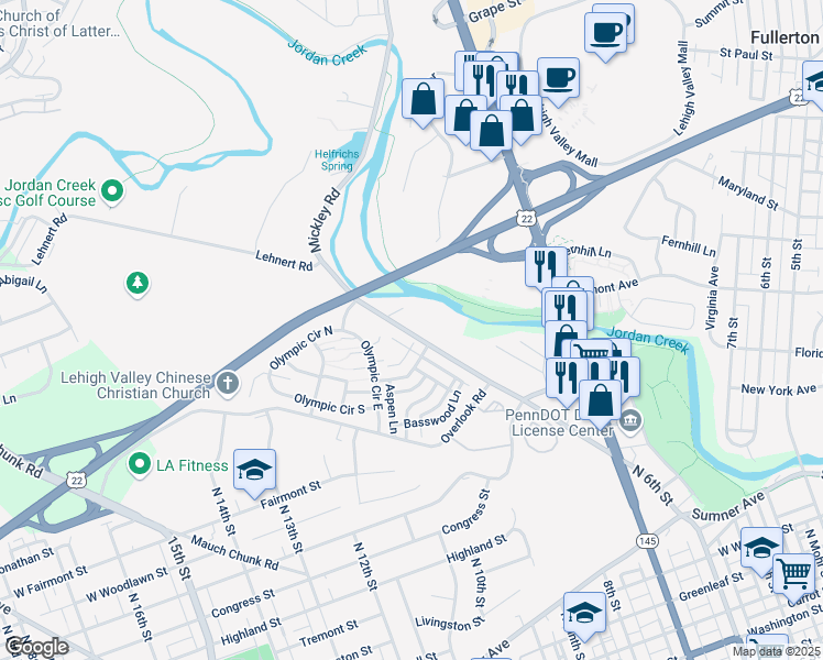 map of restaurants, bars, coffee shops, grocery stores, and more near 395 Mickley Road in Fullerton