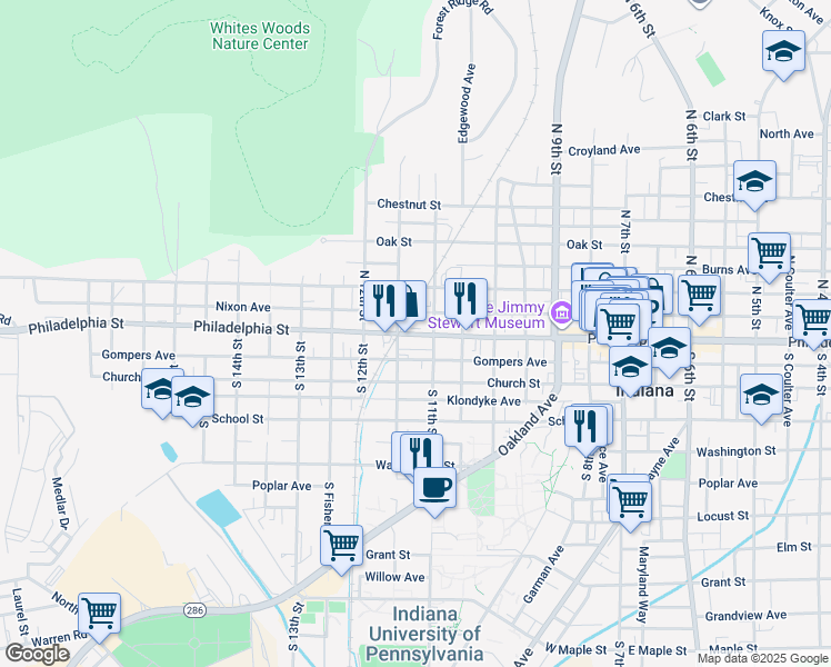 map of restaurants, bars, coffee shops, grocery stores, and more near 1125 Philadelphia Street in Indiana