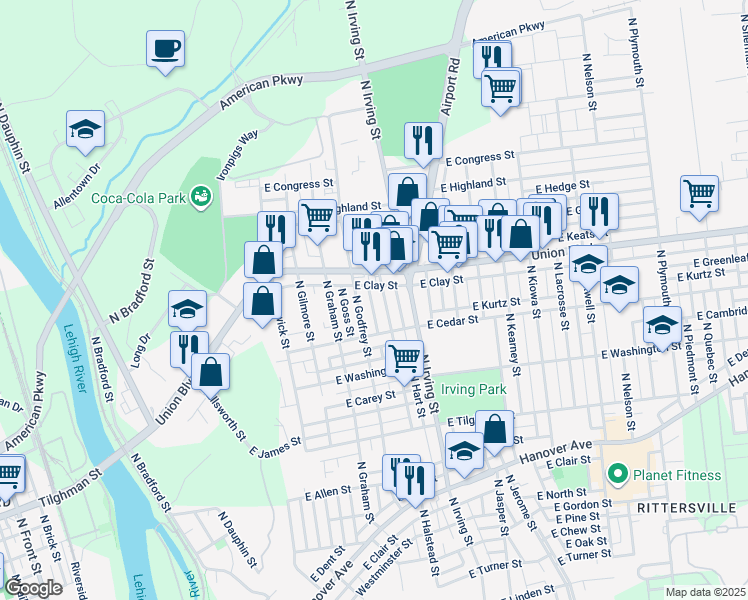 map of restaurants, bars, coffee shops, grocery stores, and more near 850 North Halstead Street in Allentown