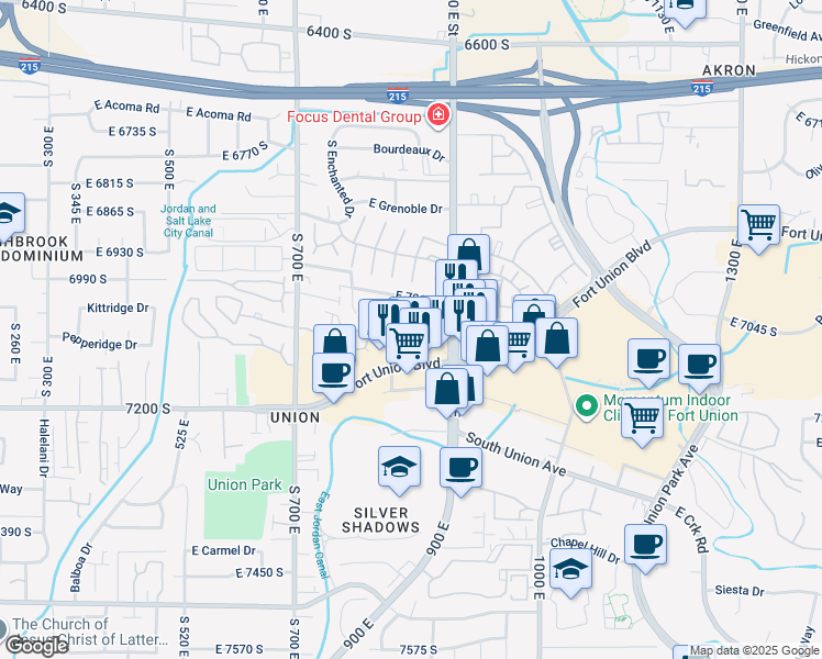 map of restaurants, bars, coffee shops, grocery stores, and more near 841 East Newbold Circle in Midvale