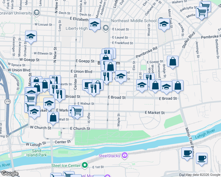 map of restaurants, bars, coffee shops, grocery stores, and more near 626 Linden Street in Bethlehem