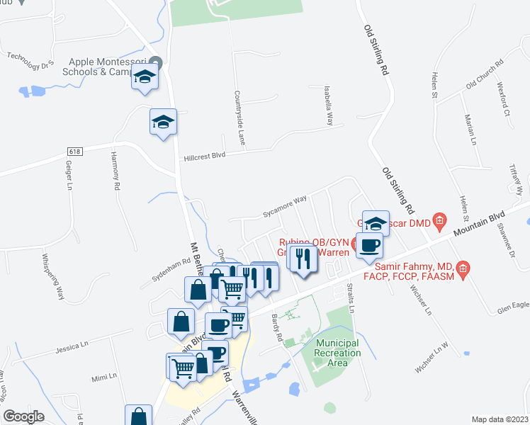 map of restaurants, bars, coffee shops, grocery stores, and more near 19 Sycamore Way in Warren