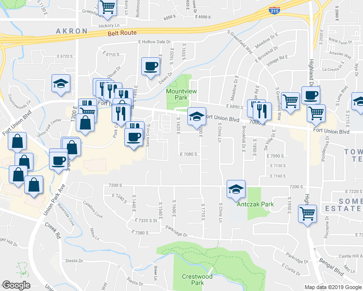 map of restaurants, bars, coffee shops, grocery stores, and more near 7060 South 1620 East in Cottonwood Heights