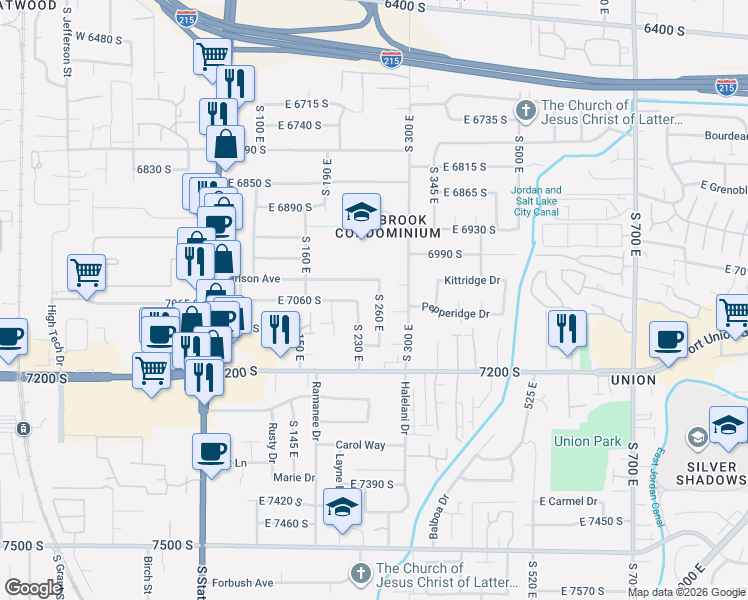 map of restaurants, bars, coffee shops, grocery stores, and more near 7050 South 260 East in Midvale