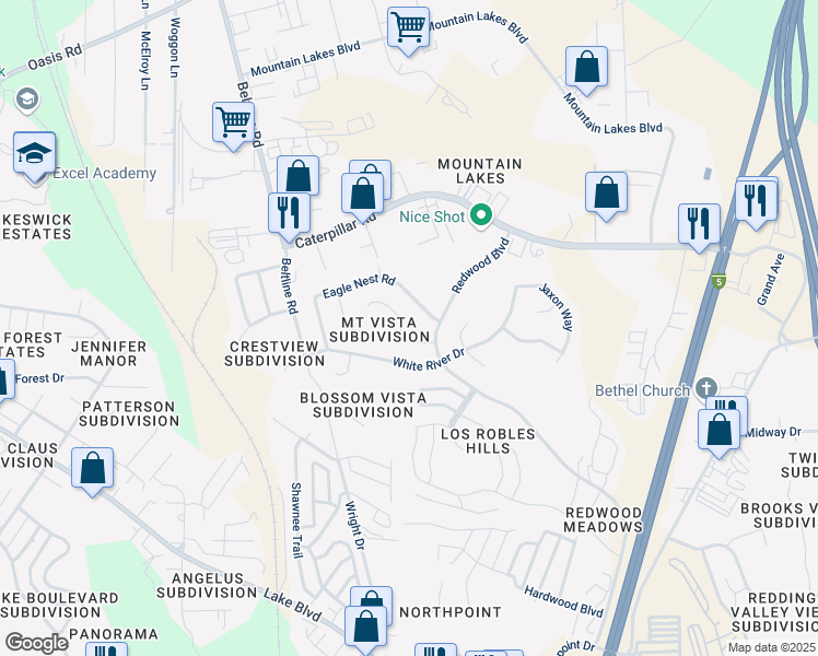 map of restaurants, bars, coffee shops, grocery stores, and more near 4518 Honeycomb Way in Redding