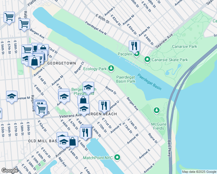 map of restaurants, bars, coffee shops, grocery stores, and more near 1501 Royce Street in Brooklyn