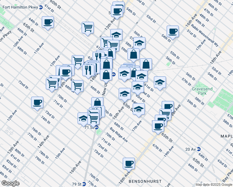 map of restaurants, bars, coffee shops, grocery stores, and more near 1527 65th Street in Brooklyn