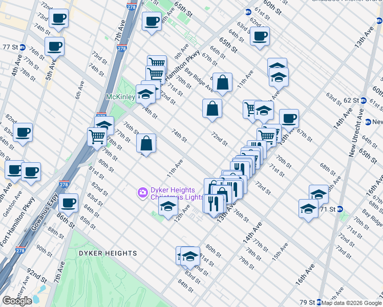 map of restaurants, bars, coffee shops, grocery stores, and more near 7423 11th Avenue in Brooklyn