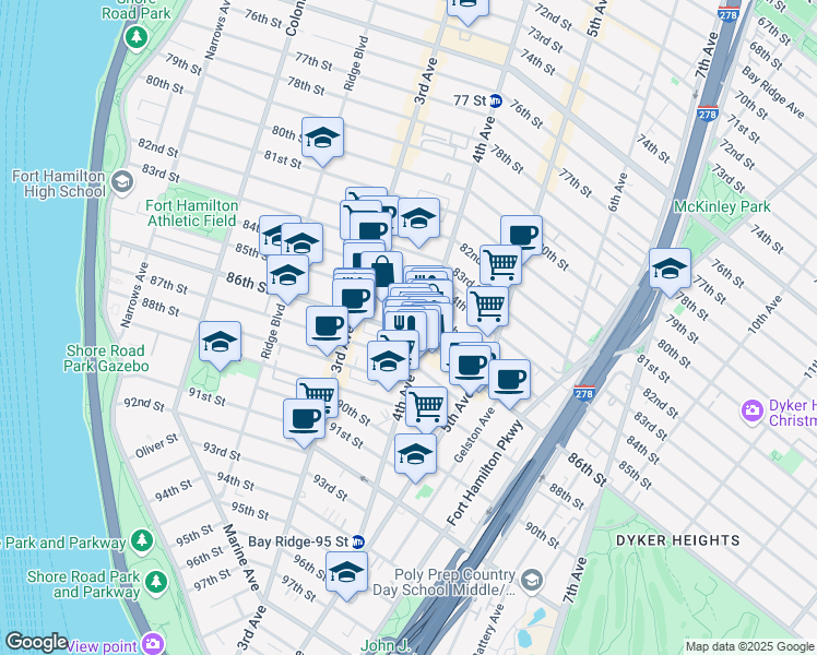 map of restaurants, bars, coffee shops, grocery stores, and more near 151 86th Street in Brooklyn