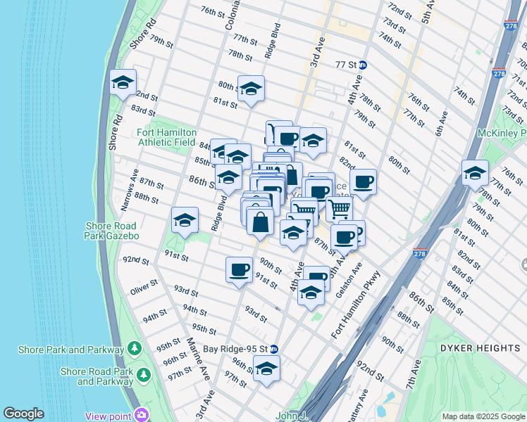 map of restaurants, bars, coffee shops, grocery stores, and more near 8613 3rd Avenue in Brooklyn