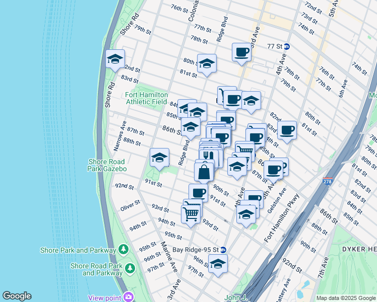 map of restaurants, bars, coffee shops, grocery stores, and more near 8601 Ridge Boulevard in Brooklyn